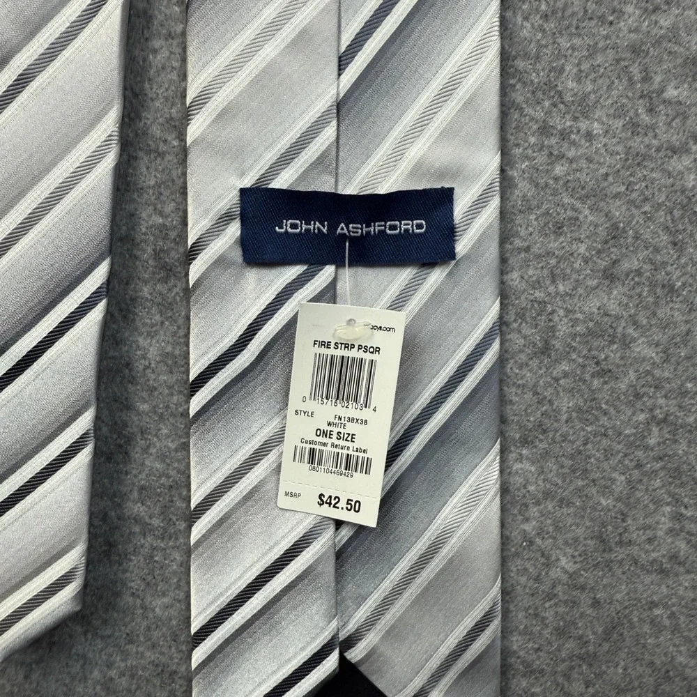 John Ashford Mens Silver White Black Striped Polyester Necktie FN13BX38‎ NEW